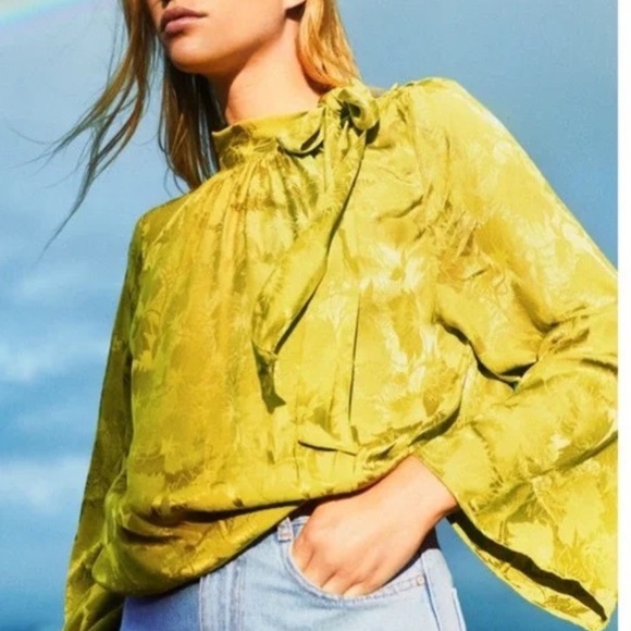 Zara Tops - Zara Satin Effect Jacquard Tie Neck Blouse Size Small, Lime Green, New